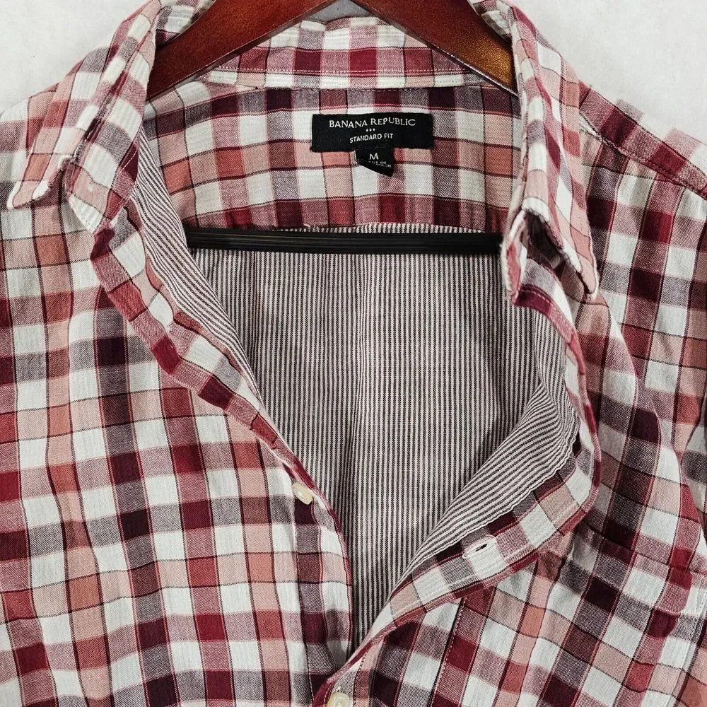 Banana‎ Republic Standard Fit Button Down Shirt Mens Plaid Checked Red White M